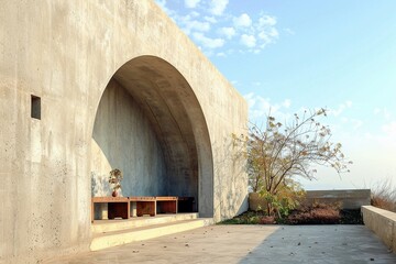 The exteriors empty concrete wall, arched at the top, frames the sky, a blend of art and architecture