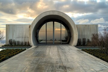 The exterior showcases an empty concrete wall with an elegant arched design, stark yet striking