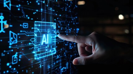 Fototapeta premium Hand with points of light touching wireframe screen with the letters AI, concept of artificial intelligence, technology, futuristic.