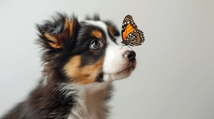 portrait of a shepherd dog with a butterfly on its nose