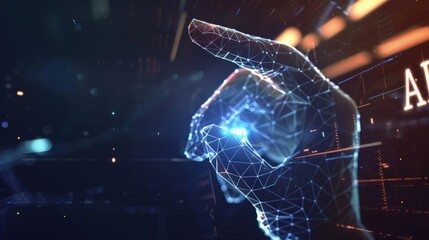 Hand with points of light touching wireframe screen with the letters AI, concept of artificial intelligence, technology, futuristic.