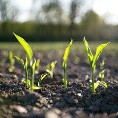 A close-up of young corn plants sprouting in a field, symbolizing new growth and the cycle of life.