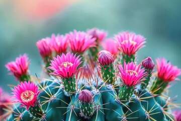 A close-up photograph of a pink cactus flower in bloom against a soft green background. - obrazy, fototapety, plakaty