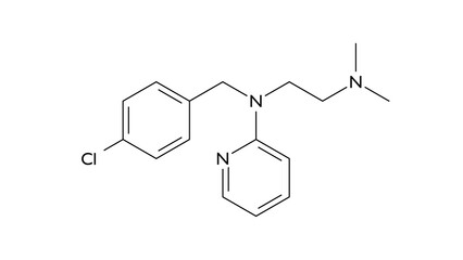 chloropyramine molecule, structural chemical formula, ball-and-stick model, isolated image first-generation antihistamine