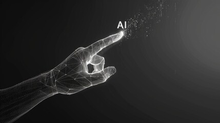 Hand with points of light touching wireframe screen with the letters AI, concept of artificial intelligence, technology, futuristic.