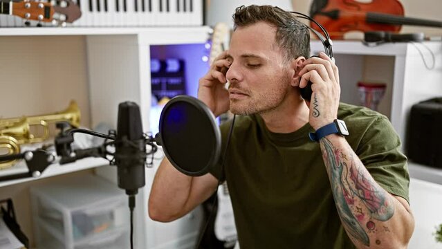 Handsome man with tattoos singing in a recording studio, wearing headphones by a microphone, showing passion and creativity.