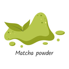 Pile of matcha tea powder with tea leaves. Vector extensions.