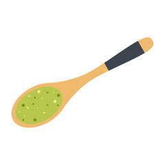 Wooden spoon with powder for making matcha green tea. Vector illustration.