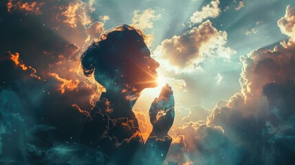 Double exposure of man praying against sky background with clouds and light