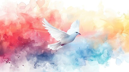 Dove of peace on watercolor background with copy space