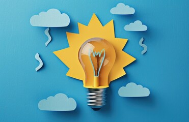 Light bulb and lightning on a blue background, concept of idea and creativity. - obrazy, fototapety, plakaty