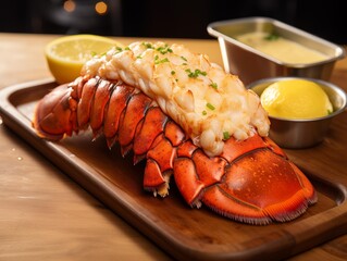 A Chef Presents Cooked Lobster on Wooden Board in a Restaurant