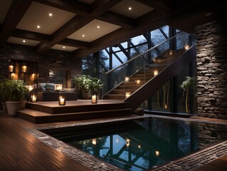 A cozy evening at a luxurious indoor pool in a mountain cabin