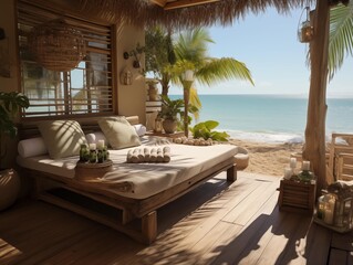 A Serene Beachside Cabana Awaits Guests in the Morning Sunlight