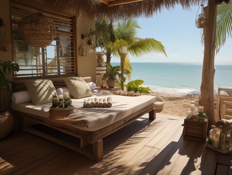 A Serene Beachside Cabana Awaits Guests in the Morning Sunlight