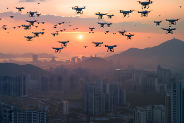 Group of drones over city at summer morning or evening. Neural network generated image. Not based on any actual scene or pattern.