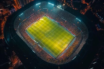 Nighttime aerial view of soccer stadium with vibrant crowd - 783127949