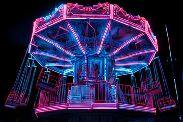 Mysterious abandoned carnival ride outlined in neon wireframe isotated on black background.