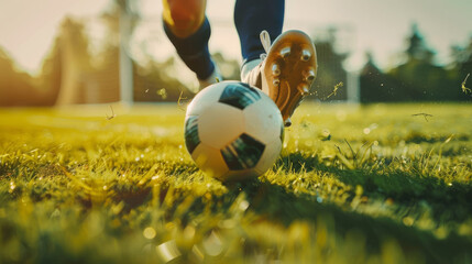 Dynamic soccer play with close-up on player's dribbling feet