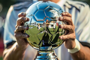 Soccer player's hands gripping championship trophy, team's reflection