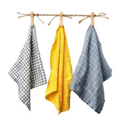 Hanging Kitchen Towels on Wooden Clothesline, Representing Domestic Cleanliness and Organization.
