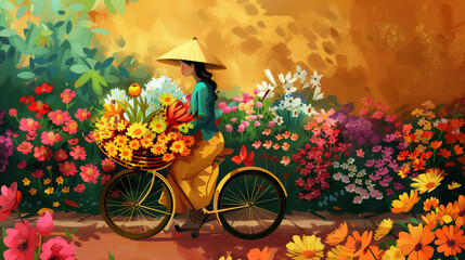 Vietnamese Flower Vendor Cycling Through Colorful Village