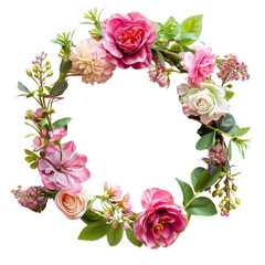 Delicate Floral Wreath with Vibrant Roses and Mixed Blossoms, Symbolizing Spring Celebrations and Weddings.