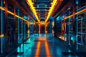 Fototapeta premium Modern data room with servers and network, super computer concept