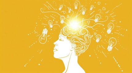Illustration of light bulbs flying above a human head, concept of idea, creativity, imagination. - obrazy, fototapety, plakaty