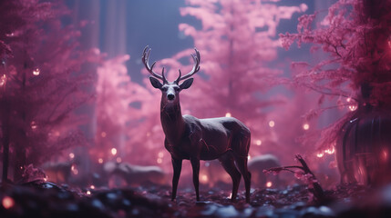 Deer with antlers of holographic candy bars, serene forest