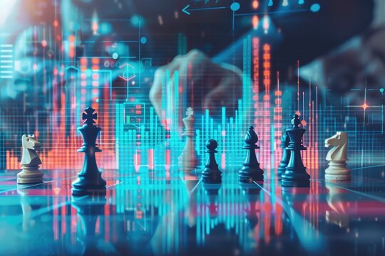 A conceptual scene of chess pieces on a board that doubles as a financial dashboard strategy meeting analytics