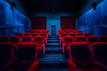 Empty cinema auditorium with red chairs.