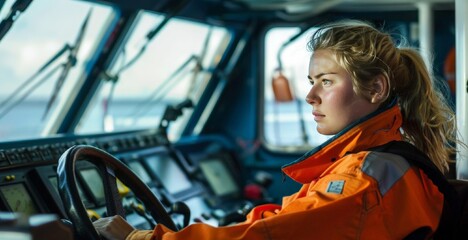 Portrait  yong female maritime professional at work. Woman engineer  in front of sea port background. International Labor Day, Workers Day concept. banner, poster, flyer.