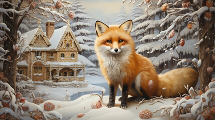 Fox amidst holographic gingerbread, whimsical winter scene