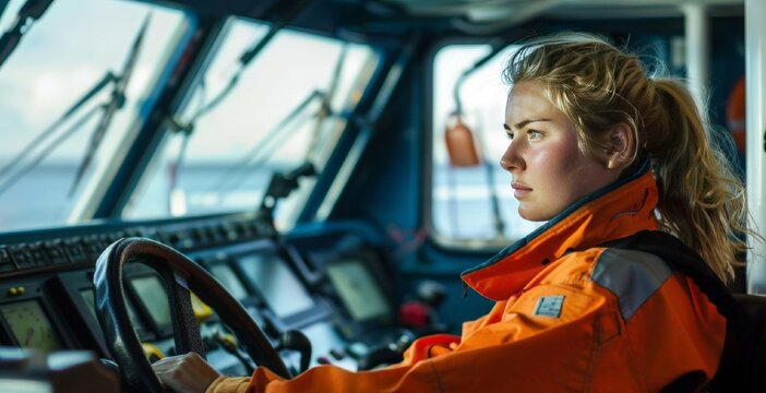 Portrait yong female maritime professional at work. Woman engineer in front of sea port background. International Labor Day, Workers Day concept. banner, poster, flyer.