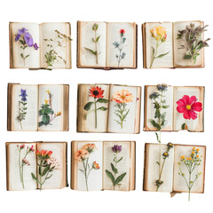 Collection of Open Vintage Books with Pressed Flowers Displaying Botanical Variety, Highlighting the Concept of Nature Preservation and Art.