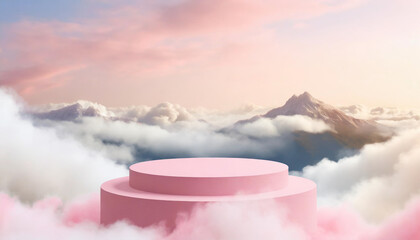 The 3d rendering landscape model of a pink sandbox with a circle display platform on the floor and cloudy sky like heaven background