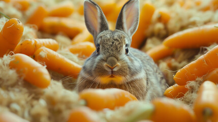 Rabbit encircled by holographic carrots turned junk food - obrazy, fototapety, plakaty