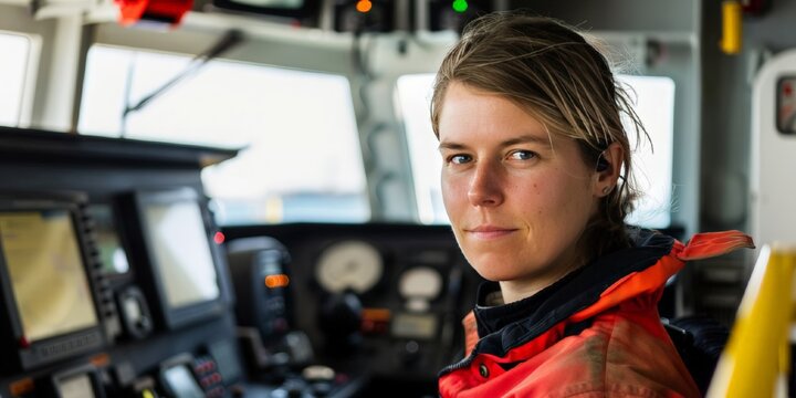 Portrait  yong female maritime professional at work. Woman engineer  in front of sea port background. International Labor Day, Workers Day concept. banner, poster, flyer.