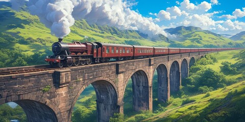 A steam train with red carriages is crossing the historic bridge in Scotland, surrounded by rolling hills and greenery.  - obrazy, fototapety, plakaty