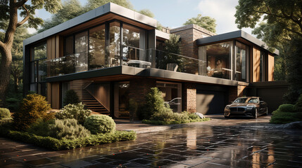 Fototapeta na wymiar A Luxury Modern House With Big Windows and Swimming Pool Surronuded by Green Trees