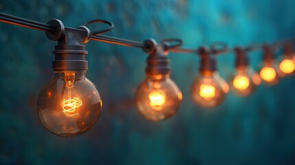 A long string of light bulbs with a solid background - obrazy, fototapety, plakaty