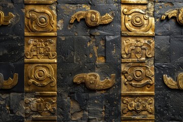 Background with Inca patterns, details in gold with stones, adornments, concept of culture and history.