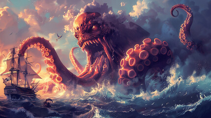 A cartoon kraken monster releasing a huge splash as it attacks a pirate ship, tentacles and water everywhere - obrazy, fototapety, plakaty