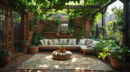 a shady outdoor living room, , sunny garden in the background, overgrown greenhouse in the distance - 783129925