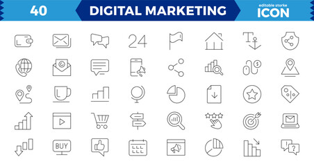 Fototapeta na wymiar Big set Digital Marketing web icons, Content, search, marketing, ecommerce, seo, electronic devices, internet, analysis, social and more line icon.