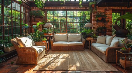 a shady outdoor living room, , sunny garden in the background, overgrown greenhouse in the distance - 783129959