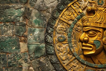 Background with Mayan patterns, details in gold with stones, ornaments, concept of culture and history.