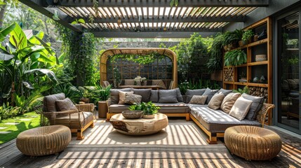a shady outdoor living room, , sunny garden in the background, overgrown greenhouse in the distance