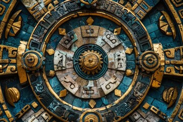 Background with Mayan patterns, details in gold with stones, ornaments, concept of culture and history.